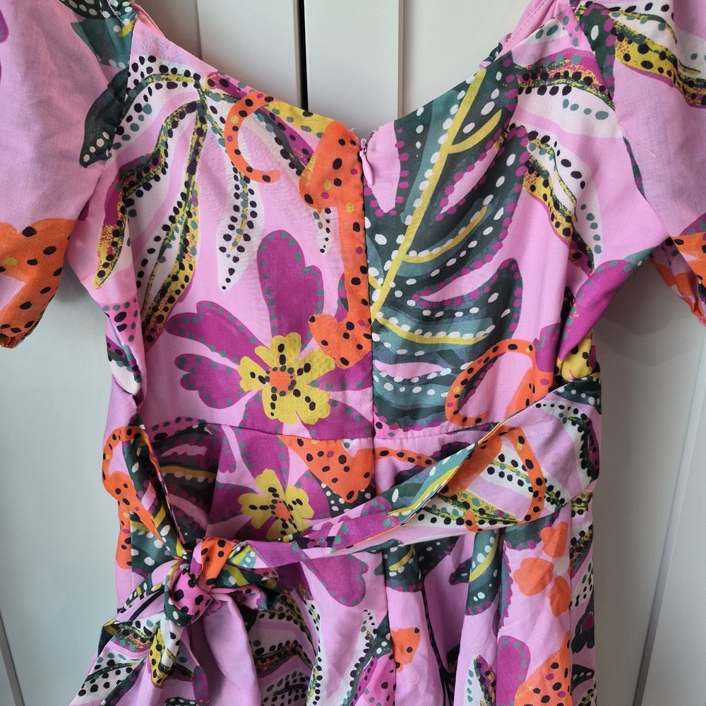 Crystal Sky Macy's Pink Tropical Mini Dress Womens Size XS Tie Back Puff Sleeves - Picture 5 of 5